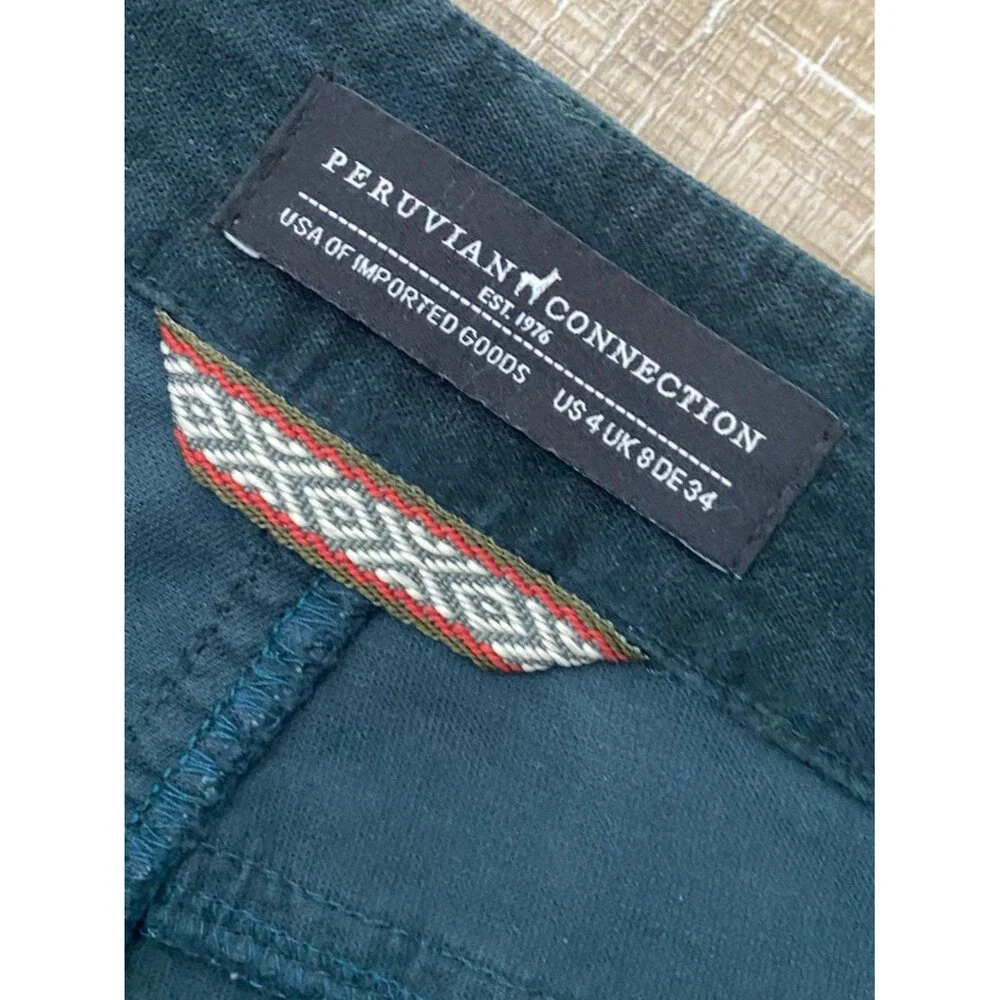 Peruvian Connection Zoe Velveteen Jeans Teal Blue Womens 4 High Rise Slim Pants